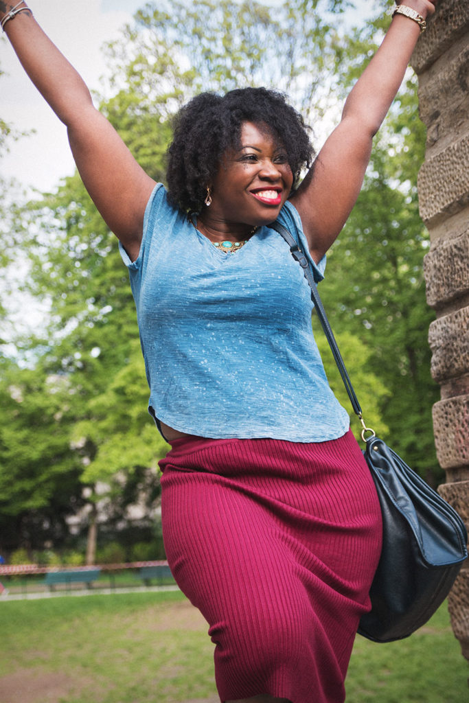 Blue shirt + Burgundy skirt