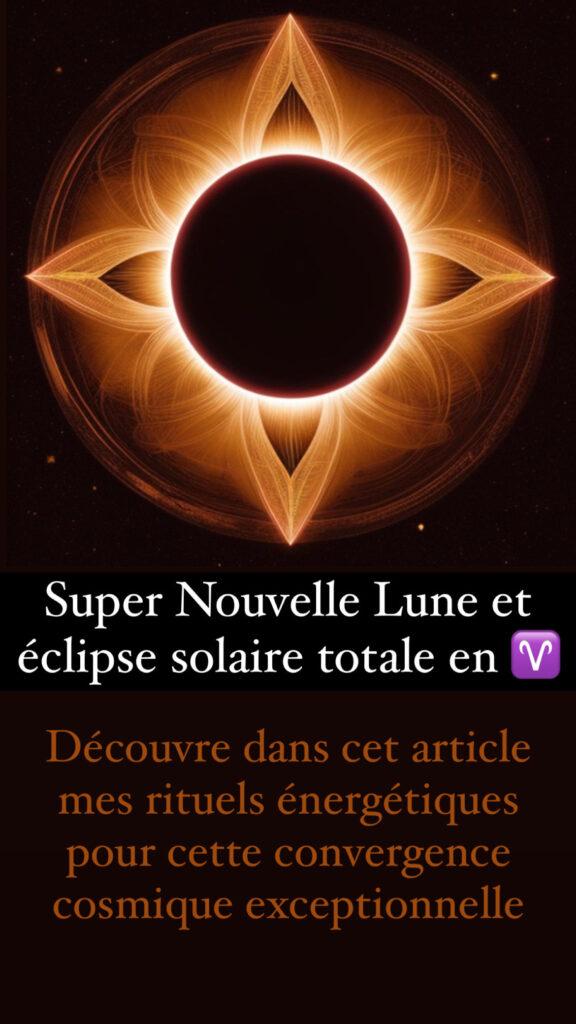 La Super Nouvelle Lune et Éclipse Solaire Totale en Bélier à 20h23, heure de Paris, promettent d'être un moment magique et puissant pour l'alignement, la transformation et la renaissance. En pratiquant ce rituel et en accueillant les énergies cosmiques avec ouverture et intention, nous pouvons nous connecter à notre pouvoir intérieur et créer la vie que nous désirons. Que cette convergence céleste soit le début d'un nouveau chapitre rempli de courage, de force et de succès pour vous.