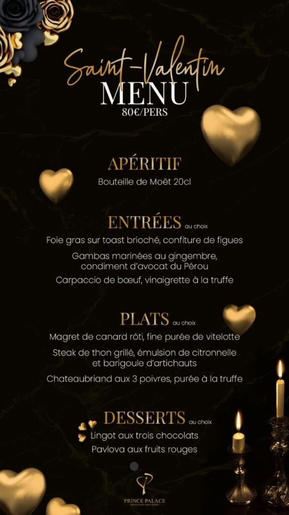 Où dîner à Paris pour la Saint-Valentin ? Test et avis du menu du Prince Palace
Meilleur restaurant romantique à Paris : mon expérience au Prince Palace
Menu Saint-Valentin 2024 : l’excellence culinaire du Chef Idrissa Nieny
Prince Palace : une adresse incontournable pour un dîner de Saint-Valentin à Paris
Saint-Valentin à Paris : mon avis sur le dîner gastronomique du Prince Palace